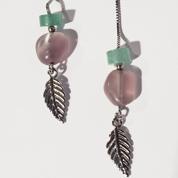 NEW JADE PINK QUARTZ THREADER EARRINGS LAVENDER PINK 3 INCH STERLING SILVER 925 - Picture 3 of 4